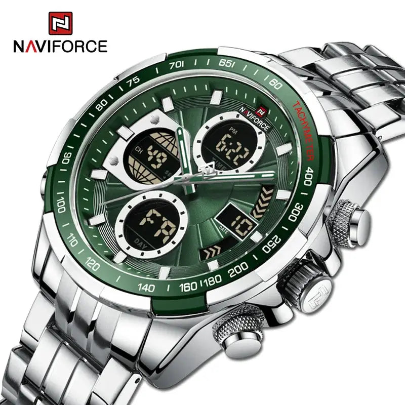NAVIFORCE men's stainless steel sport watch with green dial, tachymeter bezel, dual digital-analog display, water resistant.