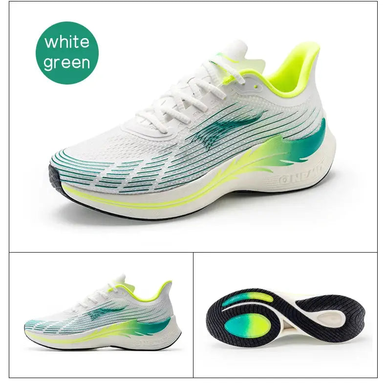 Onemix running shoes, breathable lightweight sneakers in white with teal and neon lime accents.
