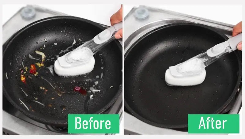 Refillable liquid cleaning brush with long transparent handle and white sponge for pan washing Simples Market