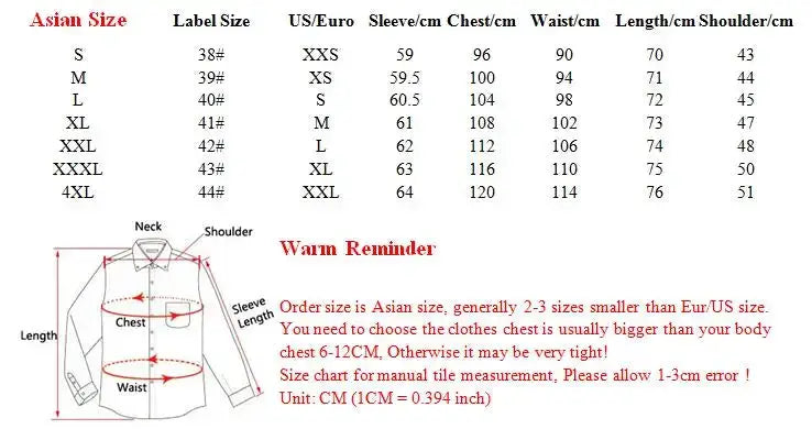 Men's dress shirt by Simples Market: size chart with Asian sizes and US/Euro mapping, chest/waist/length measurements.