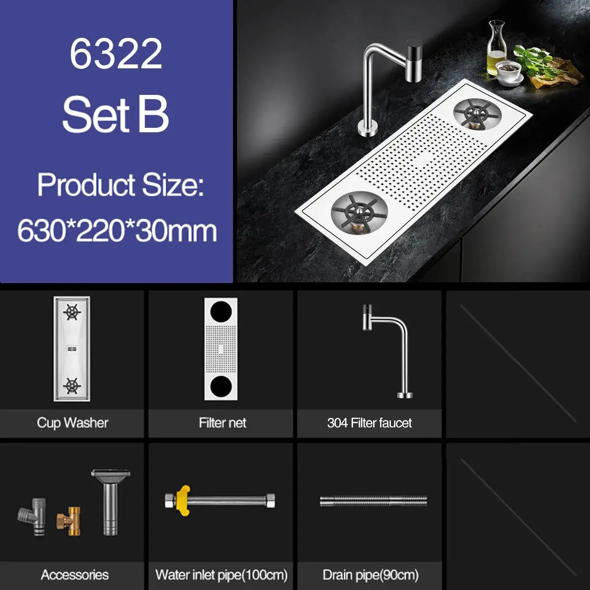 Cup Washer Bar Counter Kitchen Sink in brushed 304 stainless steel, 4mm thick; 6-piece Simples Market set