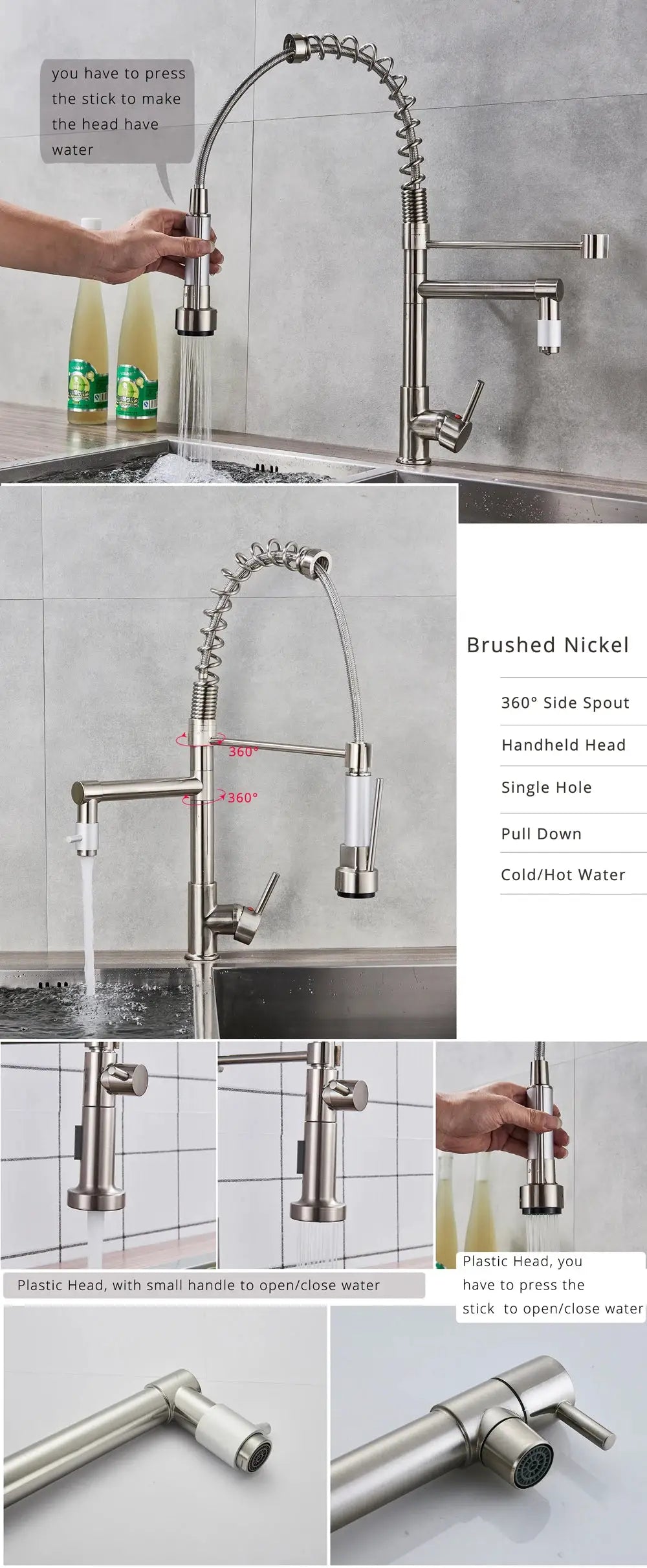 Rozin brushed nickel spring pull-down kitchen faucet with handheld spray, deck-mounted