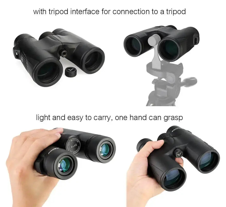 SVBONY SV47 bird-watching binoculars; black, IPX7 waterproof, tripod-compatible, lightweight with one-hand grip.