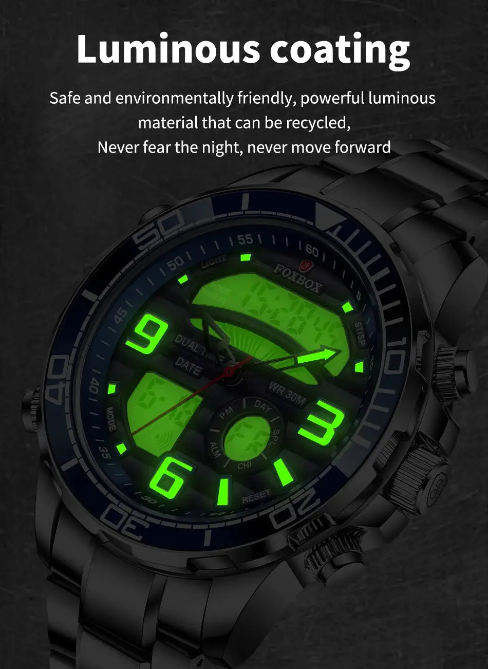 LIGE Foxbox digital men's wristwatch, all-steel military-style with green luminous display