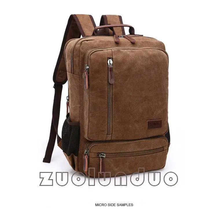 Simples Market vintage brown canvas backpack with laptop compartments and large capacity