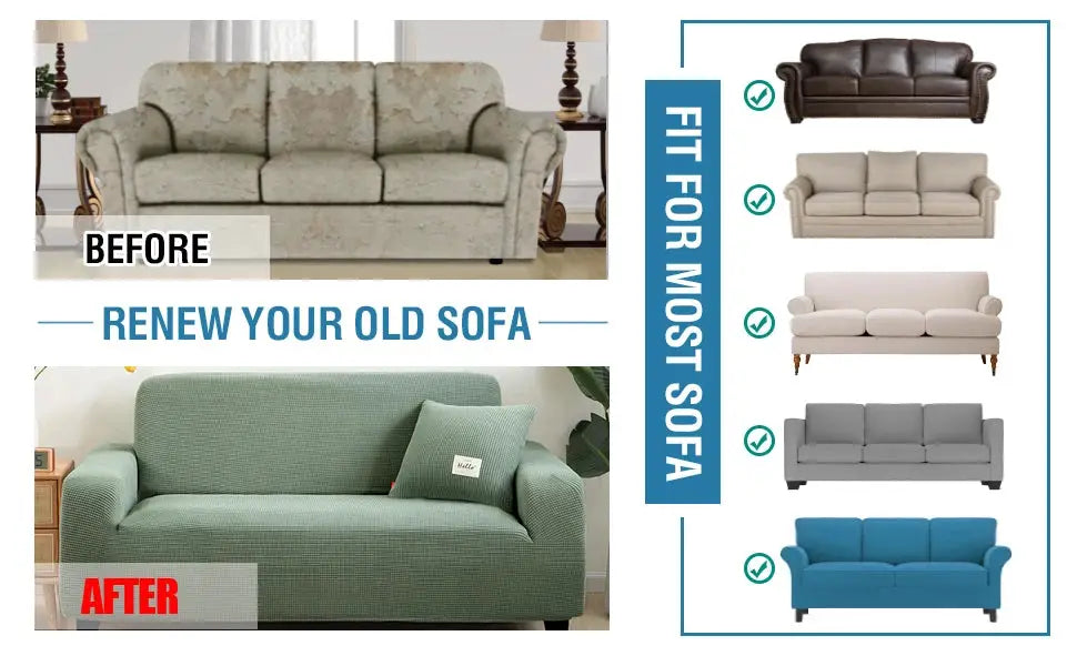 Jacquard sofa protector by Simples Market; thick cover for L-shaped and standard sofas; five sofa silhouettes shown