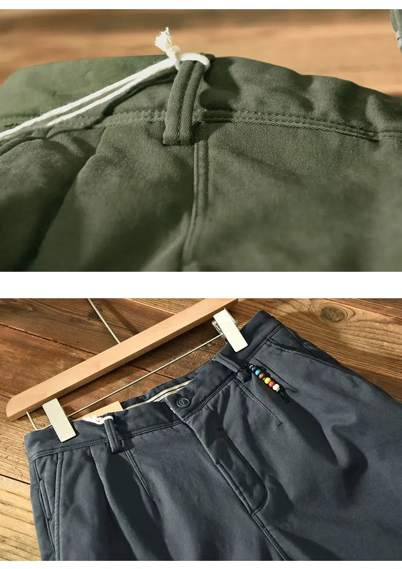 HIQOR 2025 men's cotton casual safari pants, loose fit with drawstring waist, army green, multiple pockets