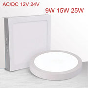 LED panel lights set: two white ceiling panels (one round, one square) for kitchen/bathroom, 9W/15W/25W variants