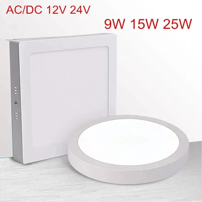 LED panel lights set: two white ceiling panels (one round, one square) for kitchen/bathroom, 9W/15W/25W variants
