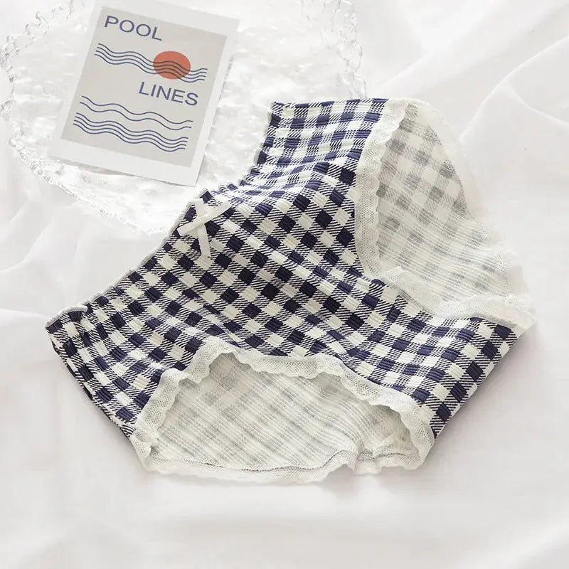 Cotton women's panties mid-rise navy and white gingham with lace trim and bow