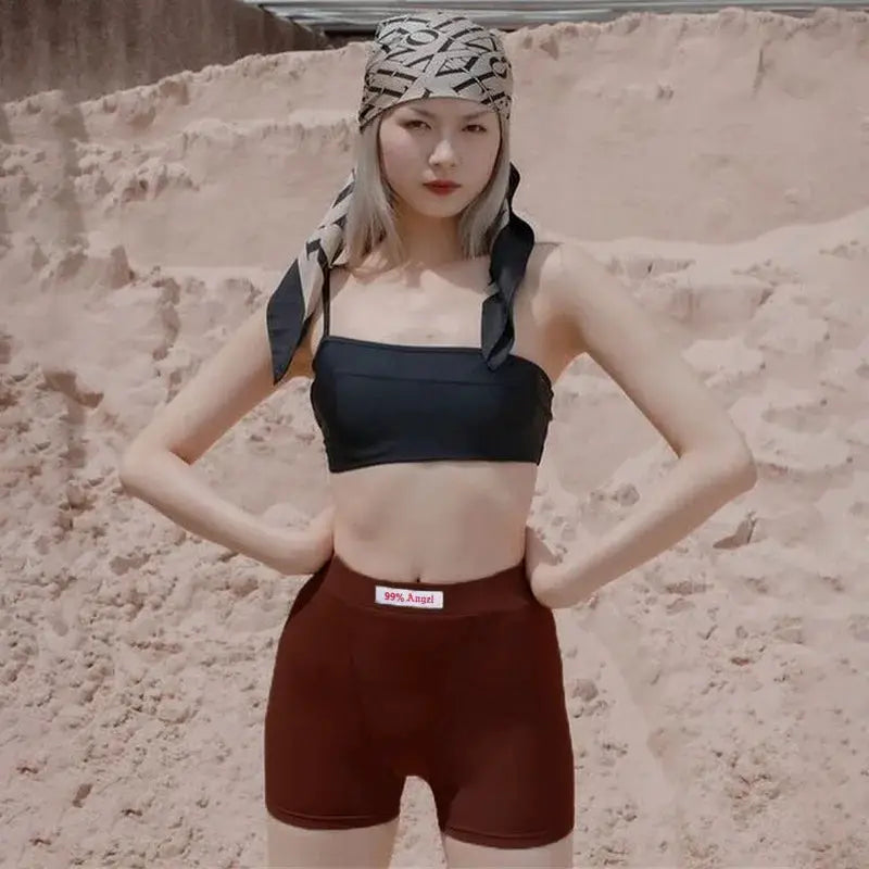 Biker shorts for women, black ribber-knit high-waist casual streetwear