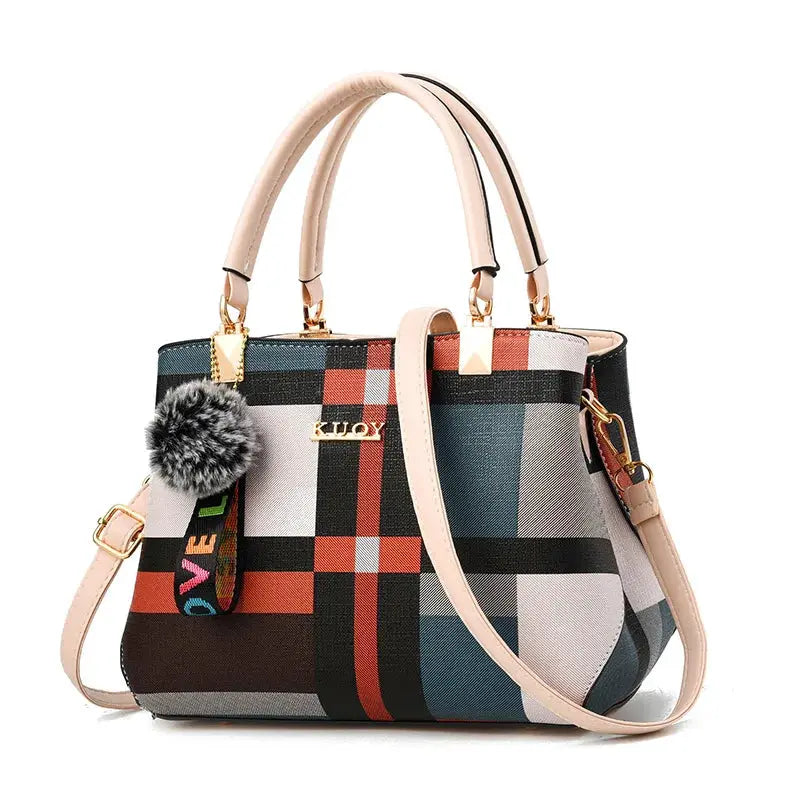 KUOY designer handbag for women in beige and multicolor checkered PU leather with top handles and crossbody strap