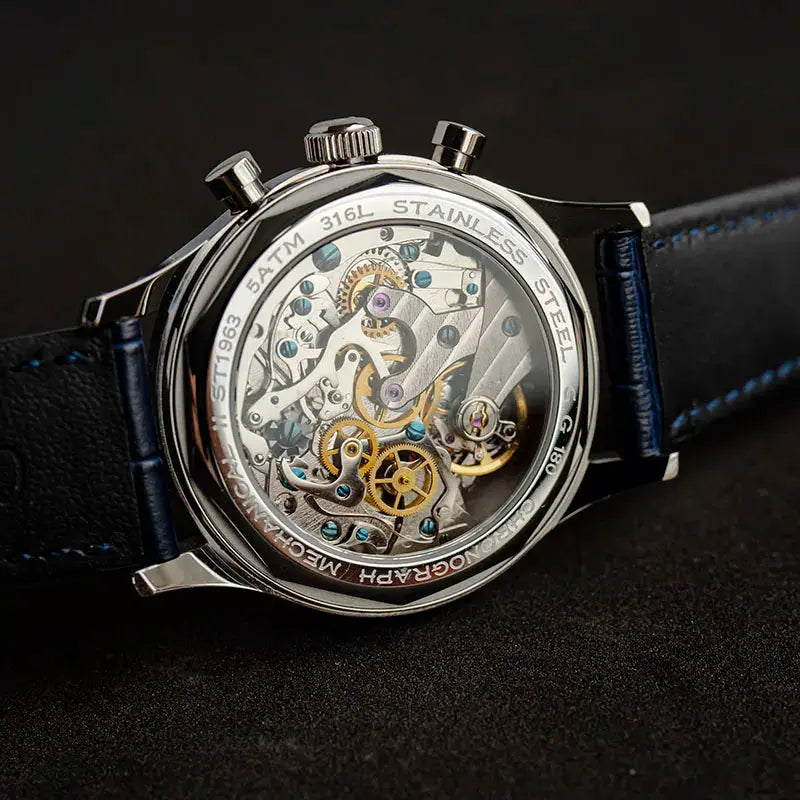 Pilot Mechanical Watch by Simples Market with skeleton movement and stainless steel case