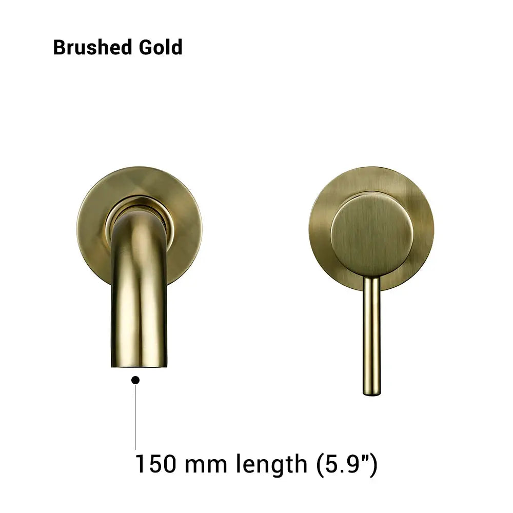 Brushed gold two-piece wall-mounted bathroom basin faucet set with spout and single-handle lever, 150 mm length.