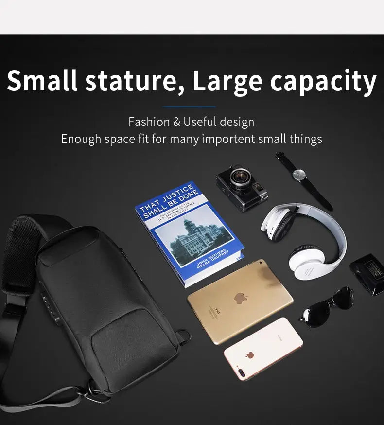 BANGE hot chest bag, black waterproof anti-theft crossbody bag with USB charging for men