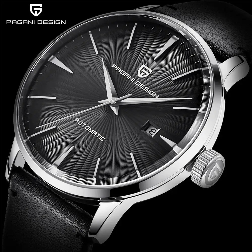 Pagani Design men's automatic watch with black sunburst dial, stainless steel case and leather strap.