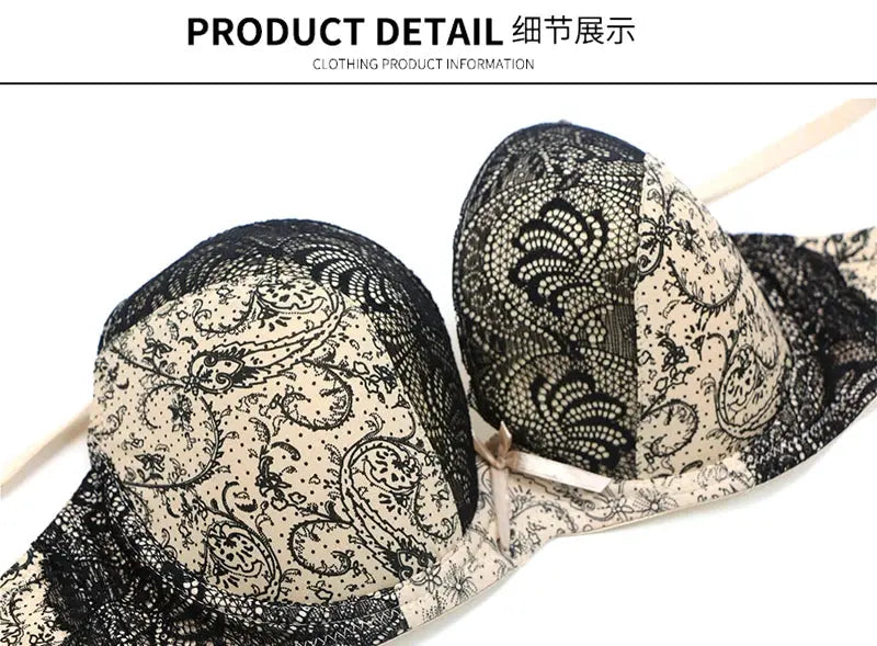 Push-up lace bra in beige with black floral lace overlay and delicate lace trim