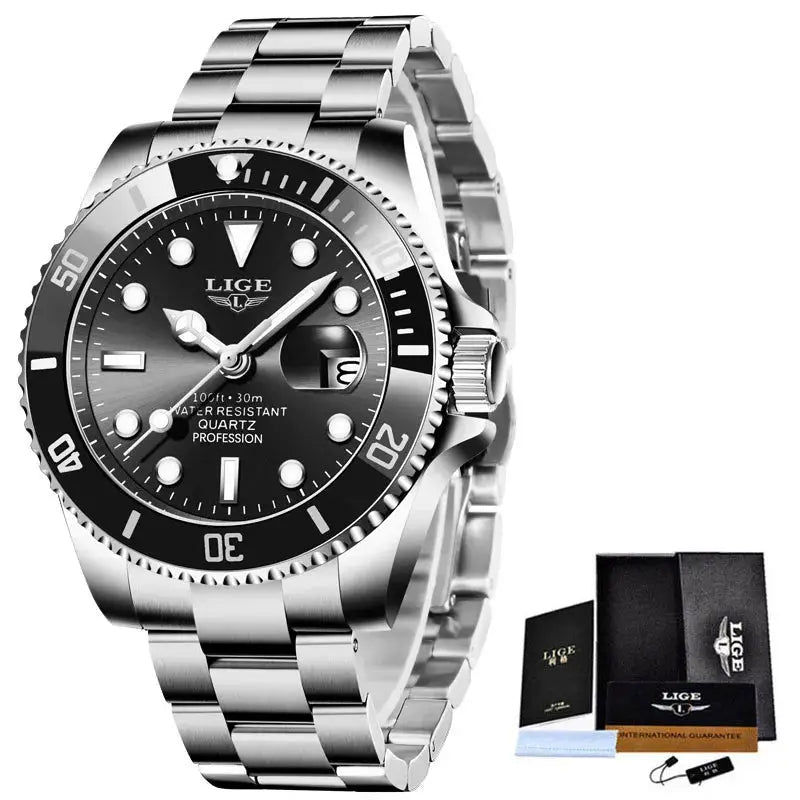 LIGE Luxury Fashion Diver Watch For Men 30ATM Waterproof Quartz Date Stainless Steel Wristwatch