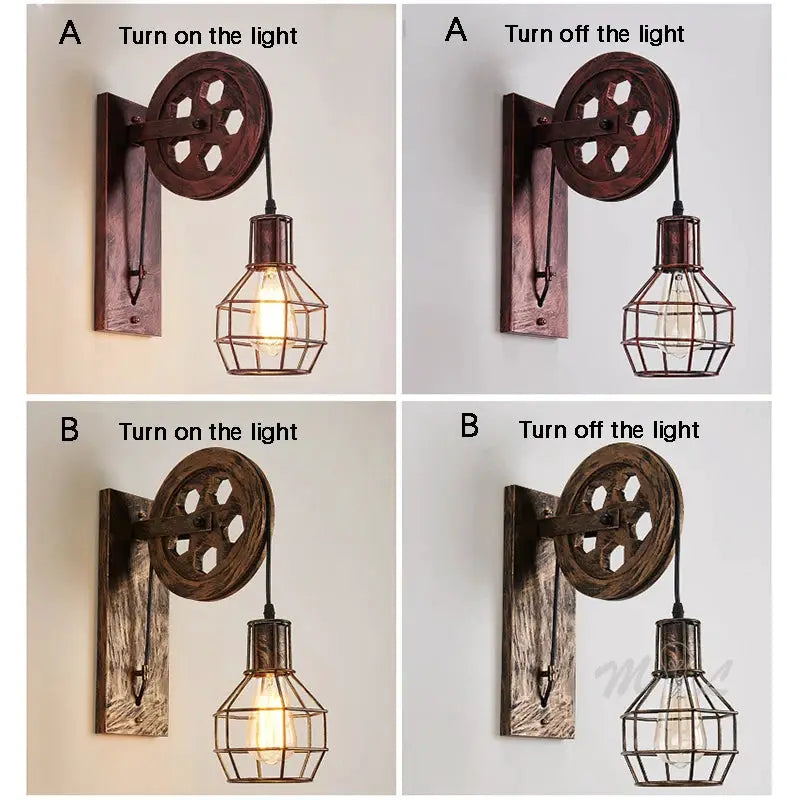 Vintage industrial wall lamp with pulley wheel and metal wire cage shade in brown finish by Simples Market