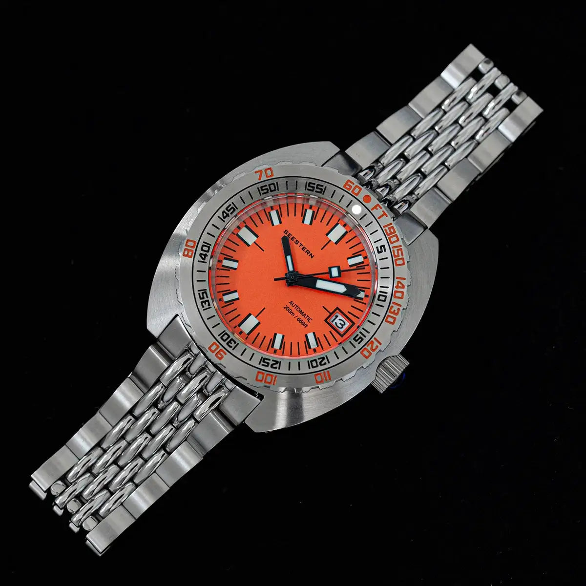 Seestern diver watch with orange dial, automatic movement, stainless steel bracelet, 200m water resistance