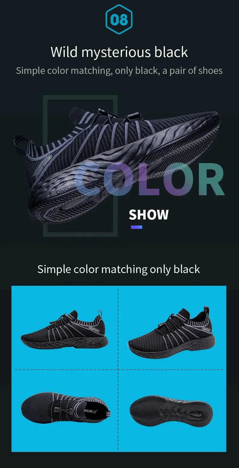 ONEMIX waterproof black men's running shoes, breathable and anti-slip sole, four views