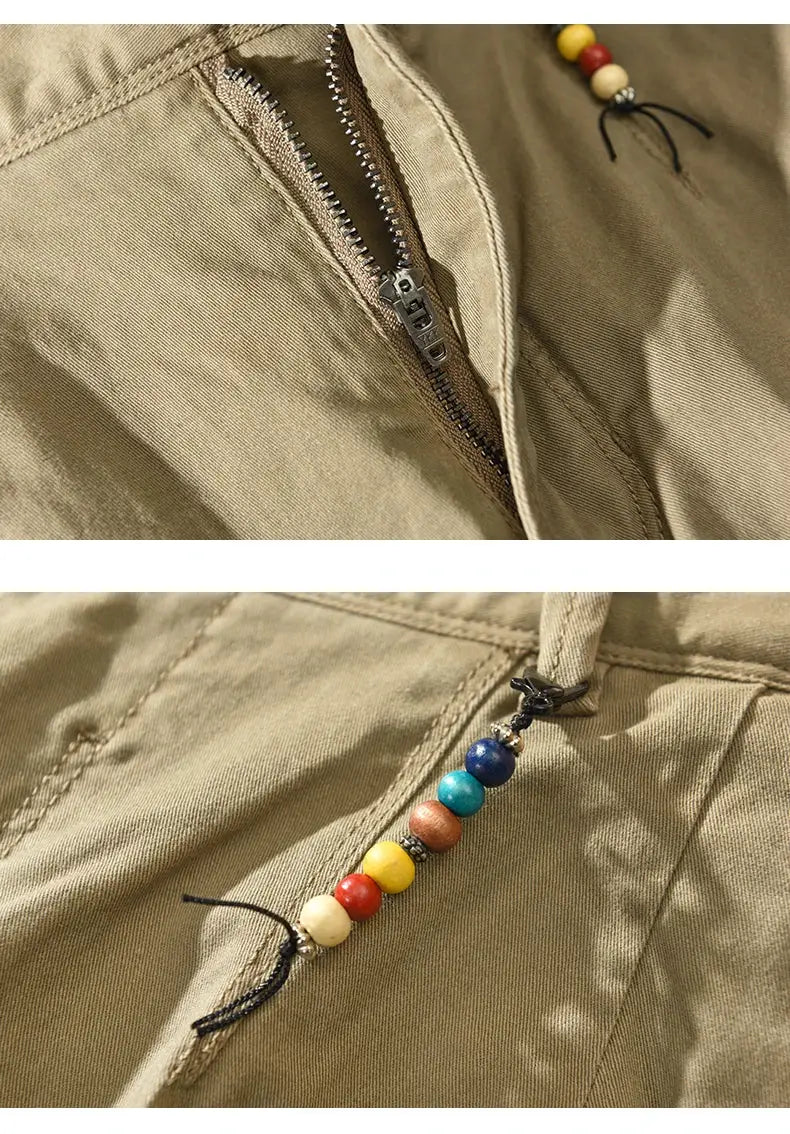 HIQOR men's khaki pure-cotton cargo pants with belt, loose mid-waist Korean style casual trousers.