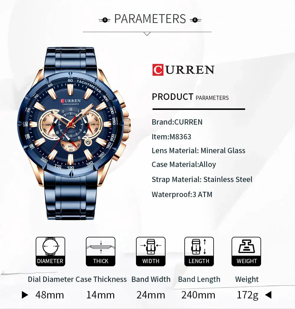 Curren men's stainless steel chronograph watch with blue dial and blue bracelet