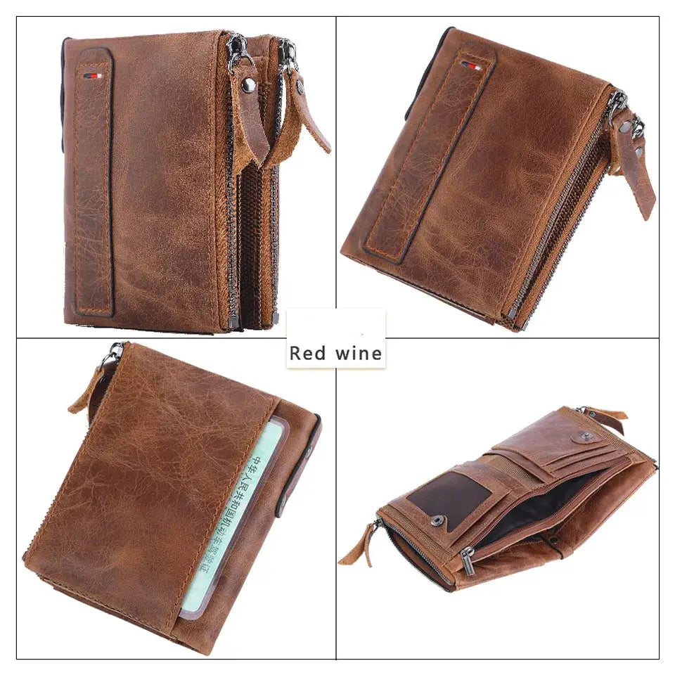 Brown genuine cow leather men's wallet with zip closure, card slots and multiple compartments