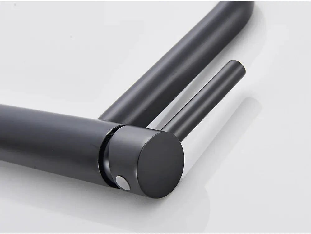 Black basin faucet with matte finish and dual cylindrical arms.