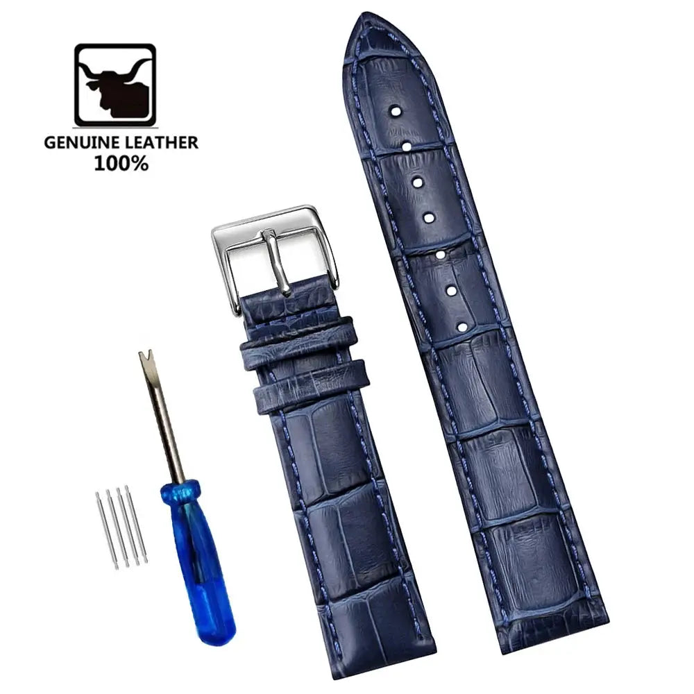 Simples Market blue genuine leather watchbands set with buckle; croc-embossed, 12–24 mm, with tools and pins, 2 bands