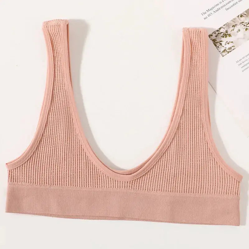 Pink ribbed seamless sports bralette with wide band and deep-U neckline