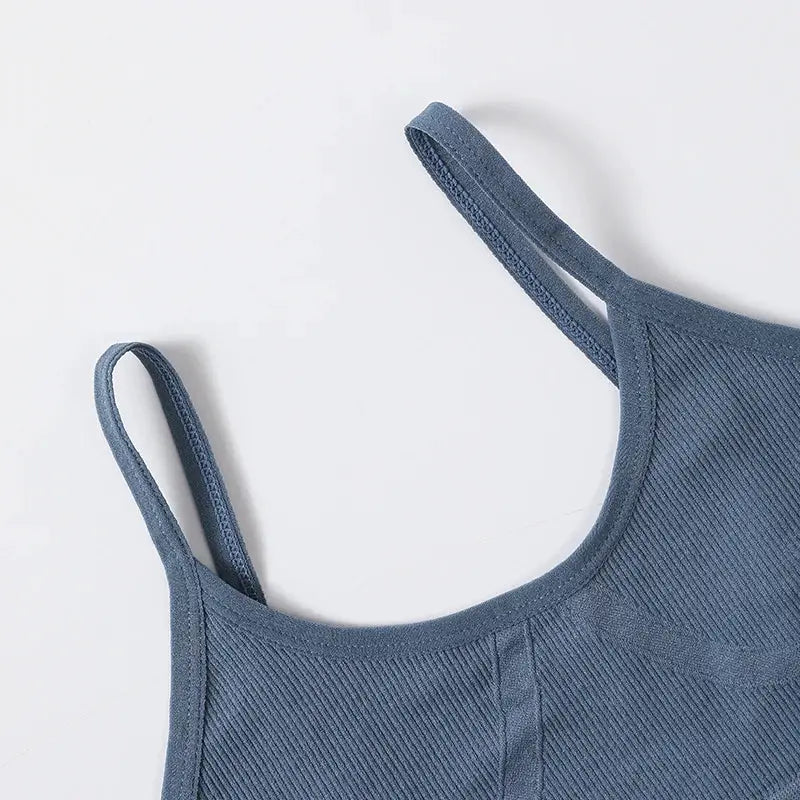 Blue ribbed seamless bralette with thin straps, wireless cups, U-back design for everyday wear