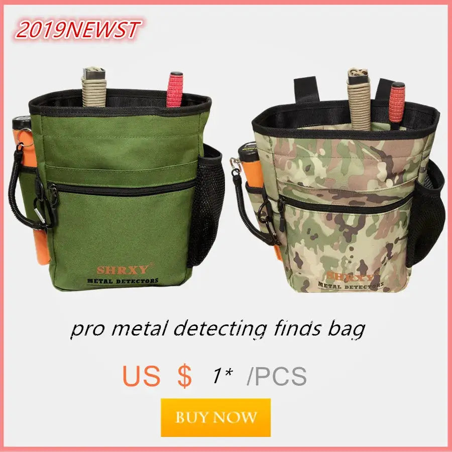 Metal detector finds bag set; two all-terrain detecting pouches in green and camo with SHRXY branding