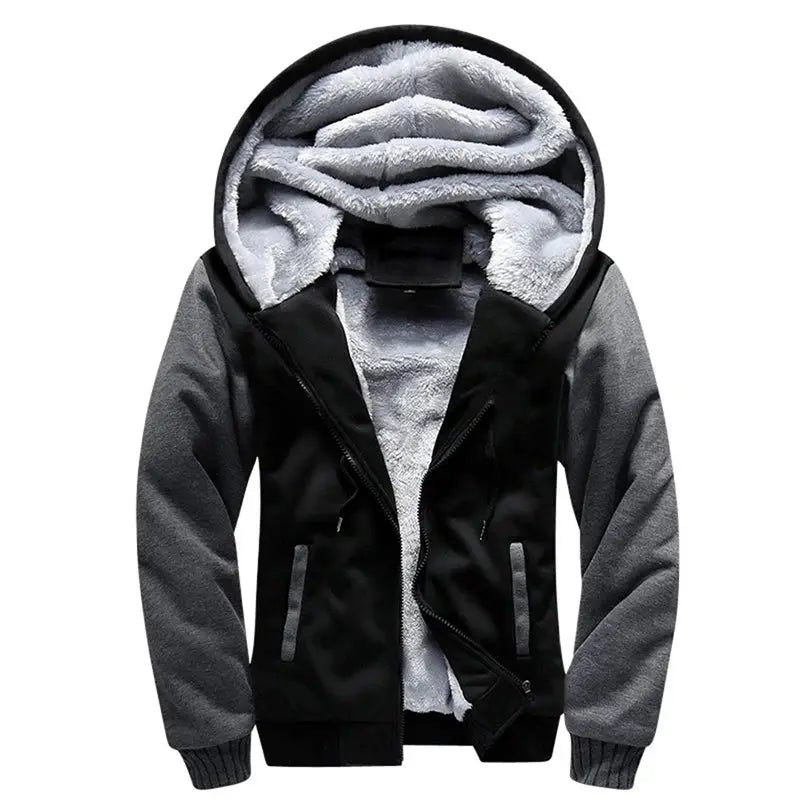 Men's hooded fleece-lined jacket with gray sleeves and black body, zip pockets
