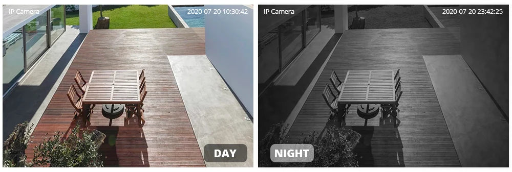 IP Camera outdoor wireless security camera on wooden deck with table and chairs; two-panel daylight/night views