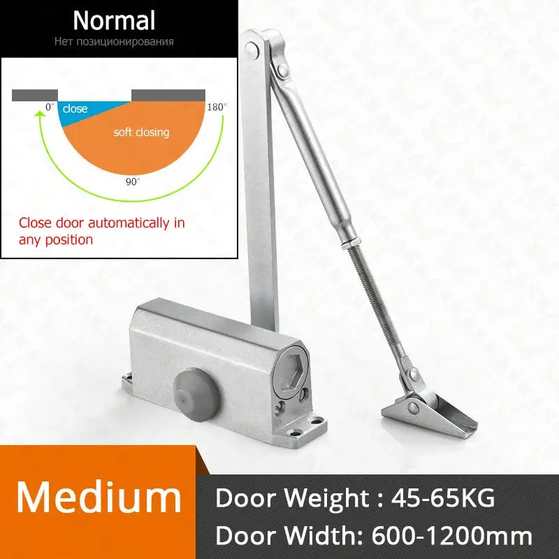 KAK hydraulic door closer with adjustable arm, silver finish for doors 45–65 kg and 600–1200 mm wide