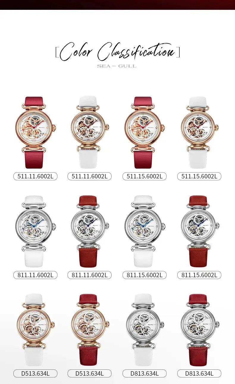 Seagull fashion women's skeleton automatic watches with leather straps, 16 variants, by Simples Market