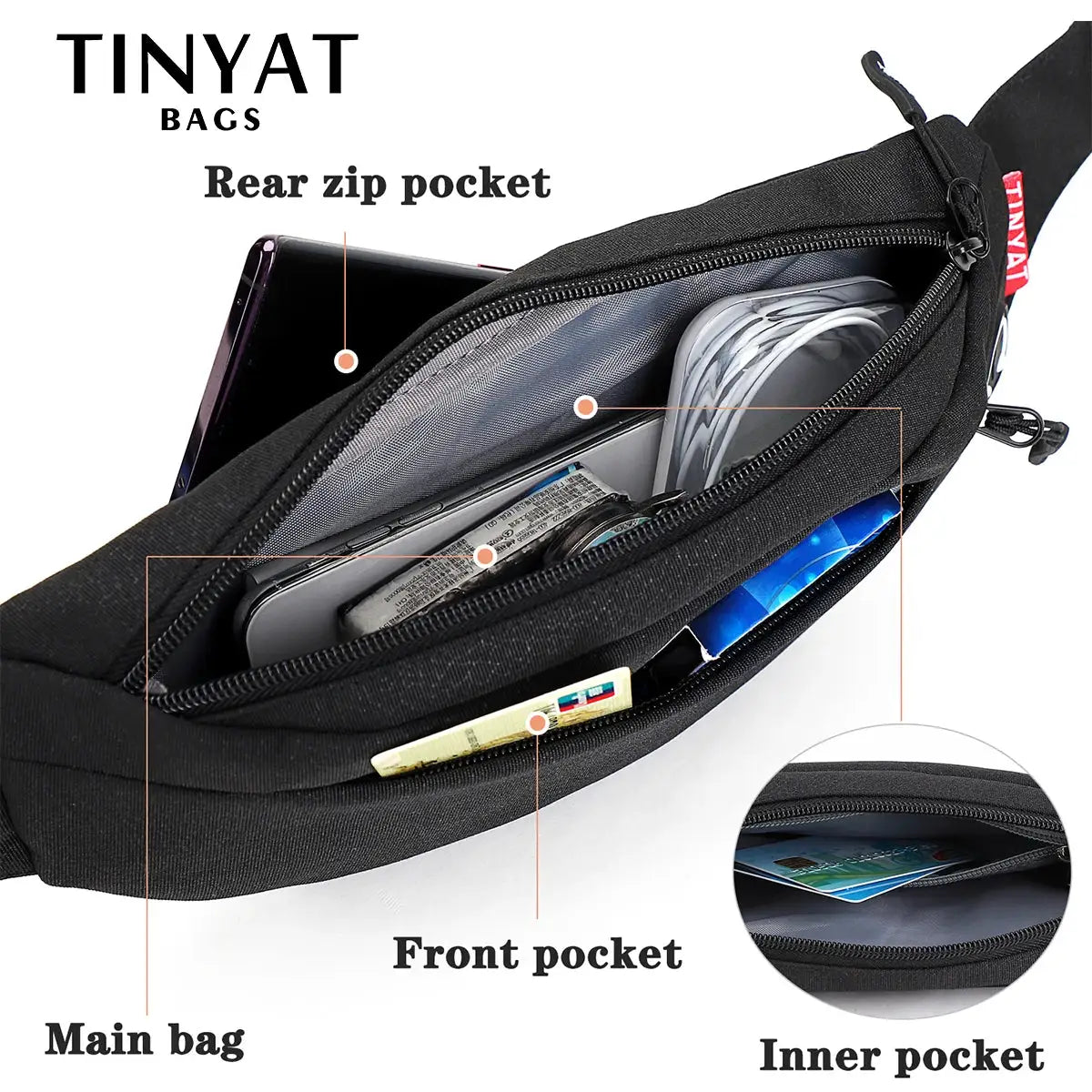 Simples Market TINYAT waist bag; black belt bag with main, front, inner, and rear zip pockets.