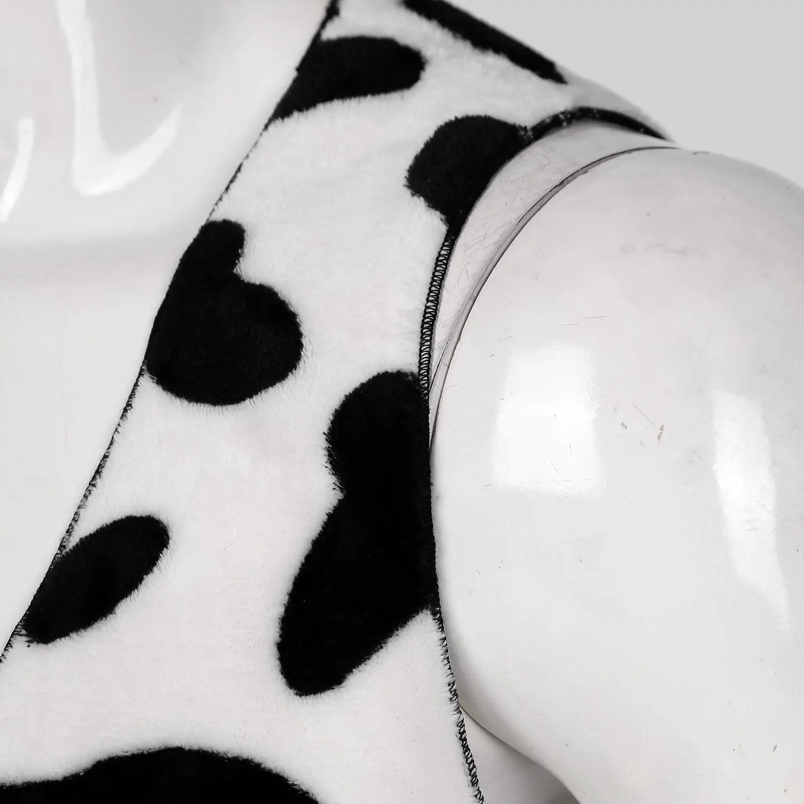 Men's cow-print fleece vest, sleeveless open-front with black spots on white plush fabric