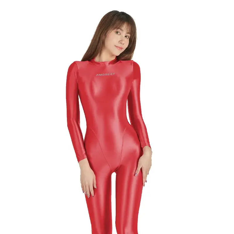 AMORESY women's glossy red wetlook catsuit with fullbody fit