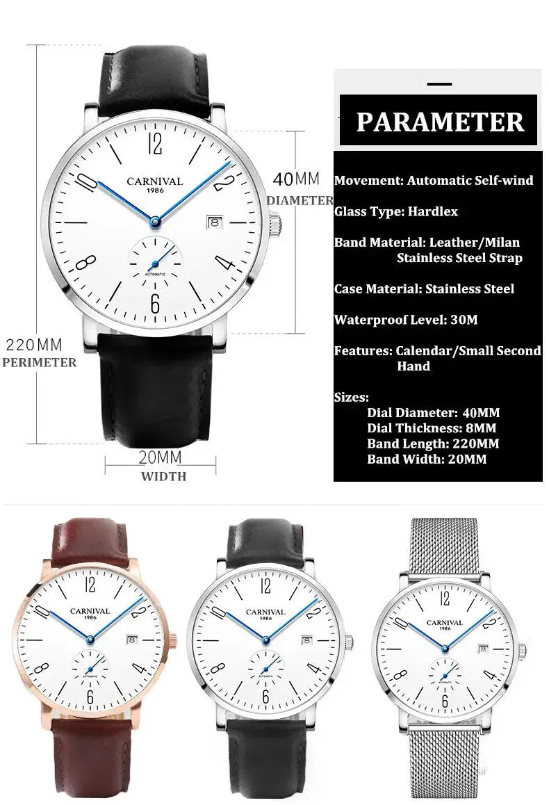 Carnival men's automatic wristwatches set (4): white-dial, rose-gold, silver, and silver mesh variants