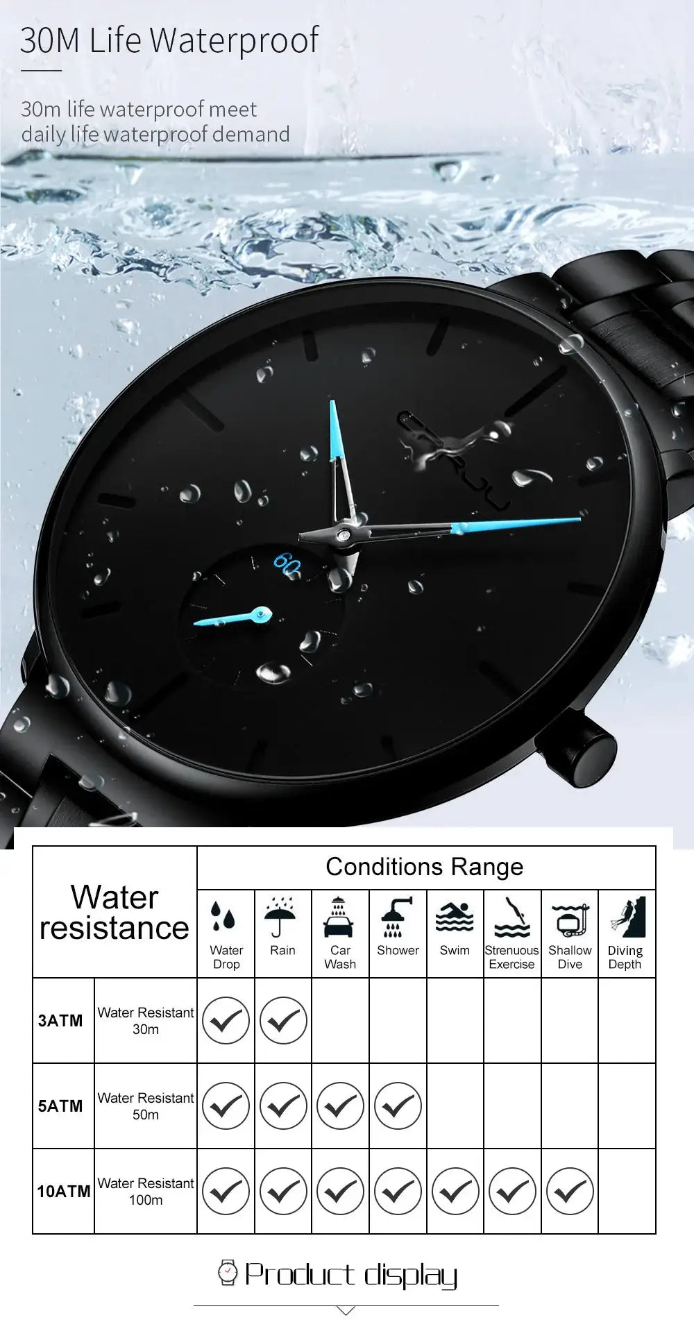 CRRJU men's stainless steel wristwatch with black dial and blue hands, 30m waterproof