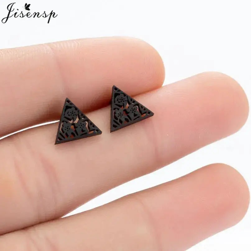 Stainless steel triangle stud earrings, black filigree cut-out design, two earrings