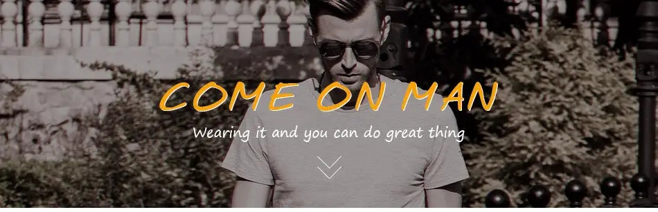 Men's vest promo banner showing a man in sunglasses with COME ON MAN text overlay.