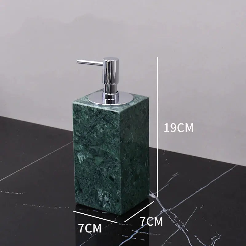 Green Indian marble soap dispenser with chrome pump, 19cm tall