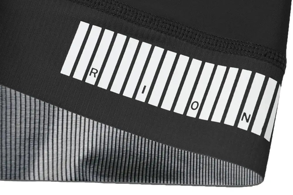 RION cycling shorts for men, black with white barcode-style waistband stripes
