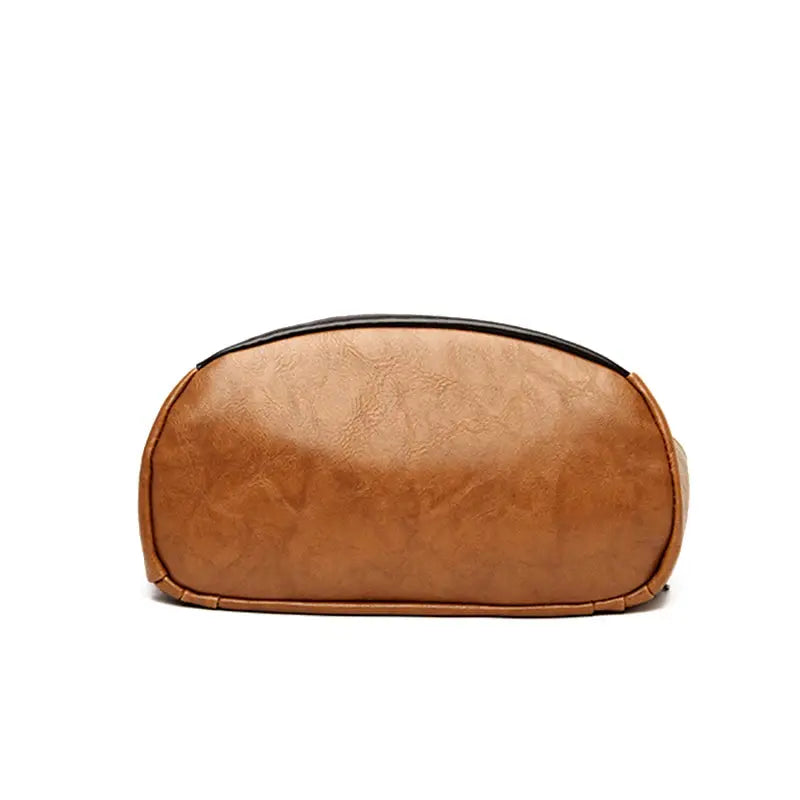 Tan PU leather backpack with rounded bottom, stylish travel bag