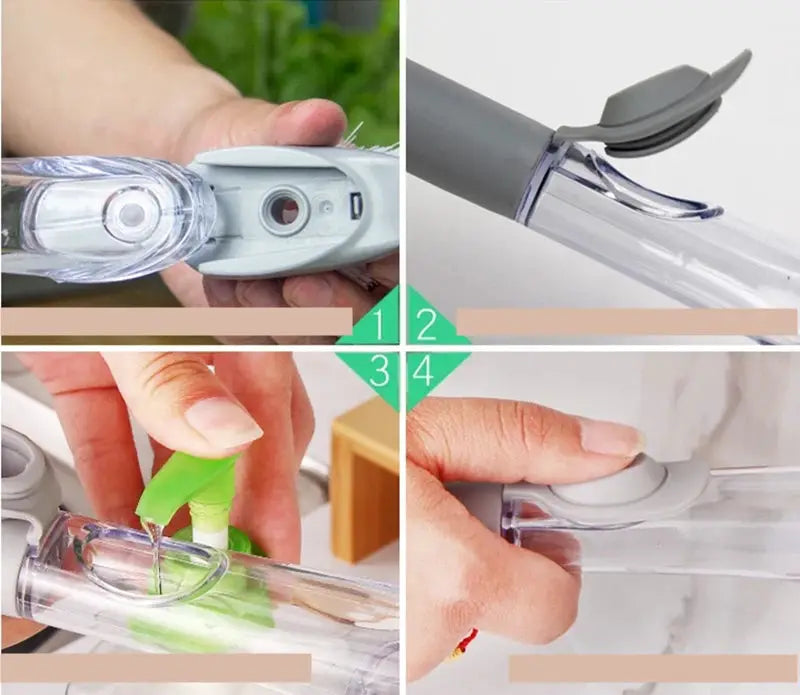 Refillable liquid cleaning brush with long gray handle and clear dish soap reservoir for kitchen scrubbing.