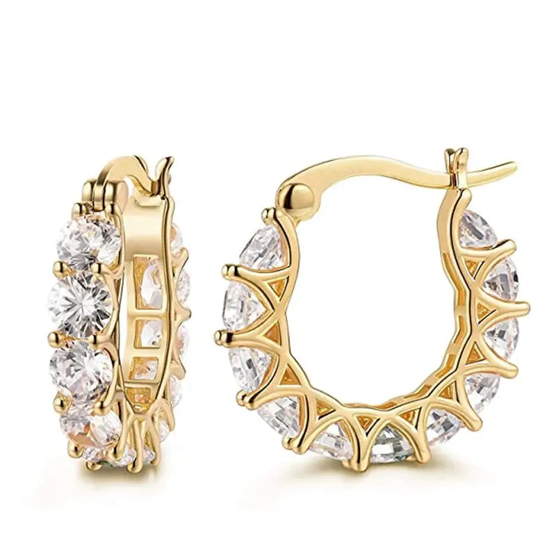 Huitan full pave crystal CZ hoop earrings for women, gold-tone, crystal-studded hoops by Simples Market.