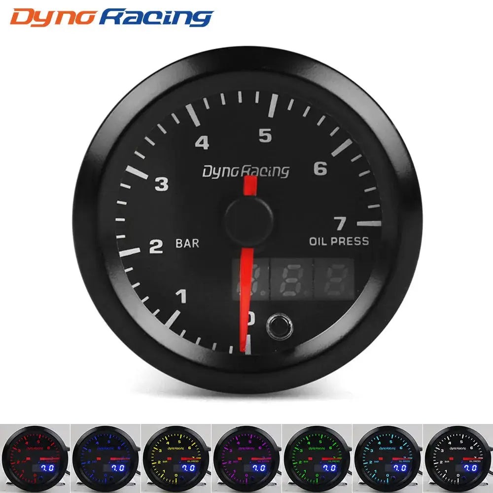 DynRacing 52mm LED dual-display car gauge with 7-color LEDs; shows boost, water/oil temperature, oil pressure